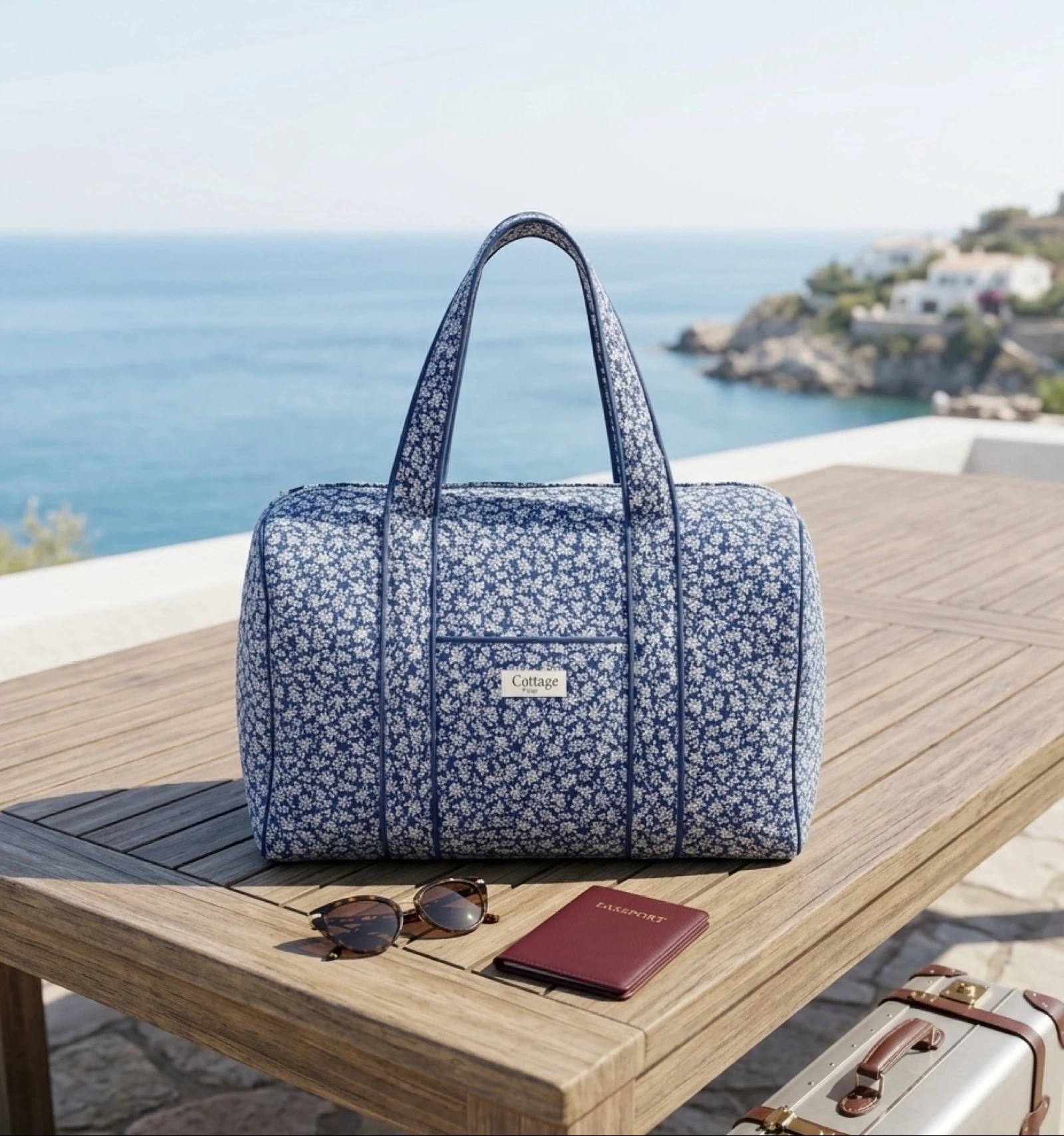 Sac de Voyage 100% Coton Collection Cottage & Bag / Modèle Fleurs Géométriques Bleu